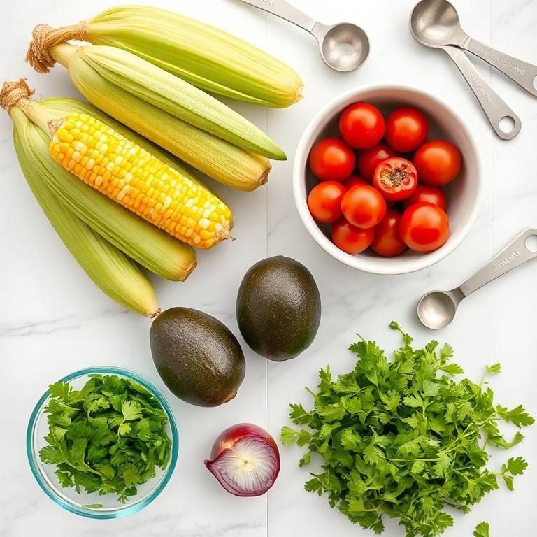 Raw ingredients for Fresh Grilled Corn Avocado Salad