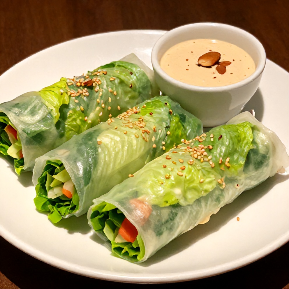 Plated fresh lettuce wrapped veggie spring rolls with almond dip