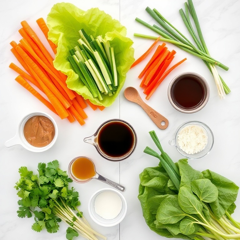 Raw ingredients for fresh lettuce wrapped veggie spring rolls