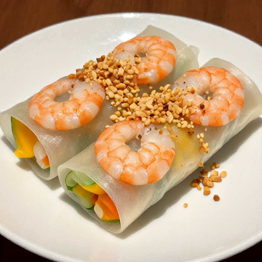 Plated Fresh Mango Shrimp Summer Rolls on a white plate