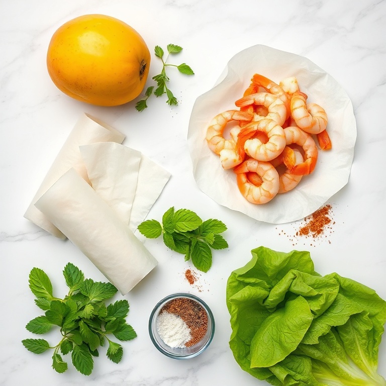 Raw ingredients for Fresh Mango Shrimp Summer Rolls on a white marble surface