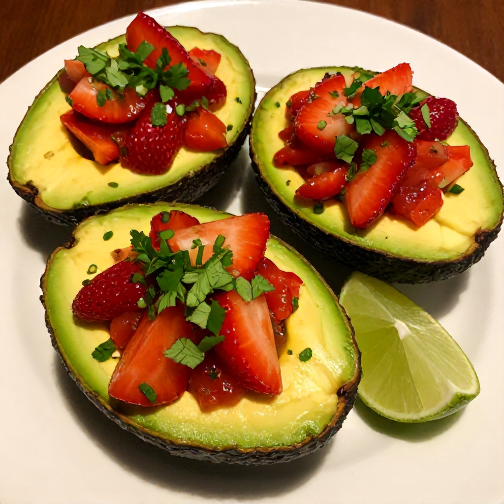 A plated serving of Fresh Strawberry Salsa Stuffed Avocados with a lime wedge