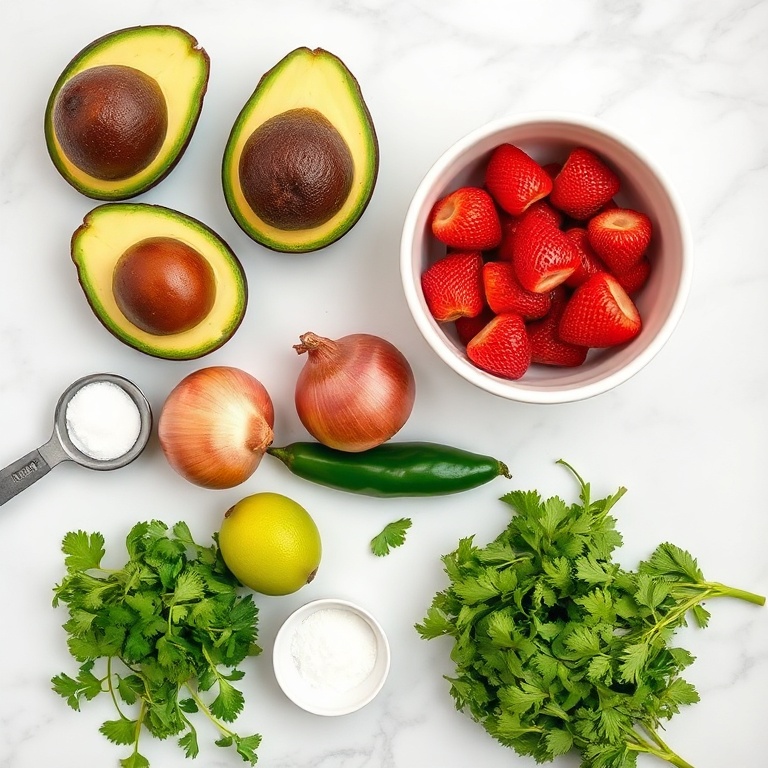 Strawberries, avocados, red onion, jalapeño, cilantro, lime, and salt laid out on a wooden board