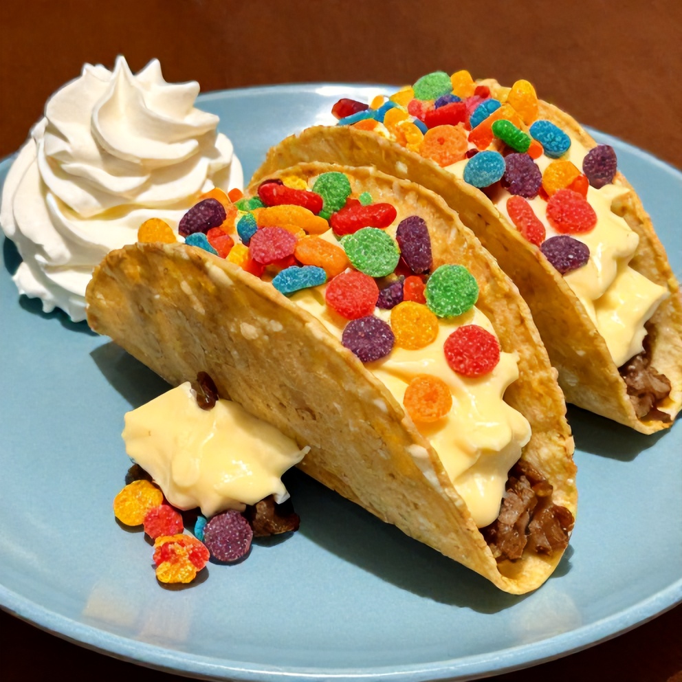 Finished Fruity Pebbles Cheesecake Tacos on a plate with a side of whipped cream