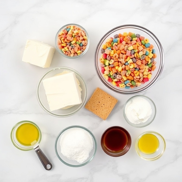 Raw ingredients for Fruity Pebbles Cheesecake Tacos including cream cheese, Fruity Pebbles, and graham crackers