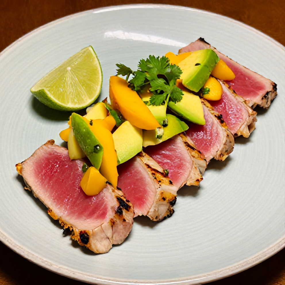 Plated Grilled Tuna Steak with Fresh Mango Avocado Salsa