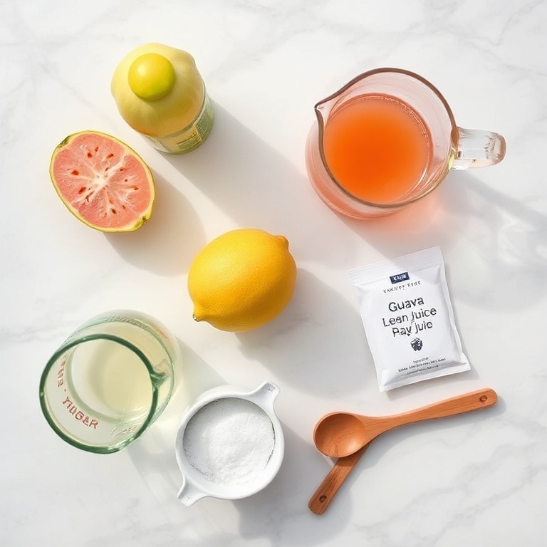 Raw ingredients for Guava White Tea Lemonade on a wooden surface
