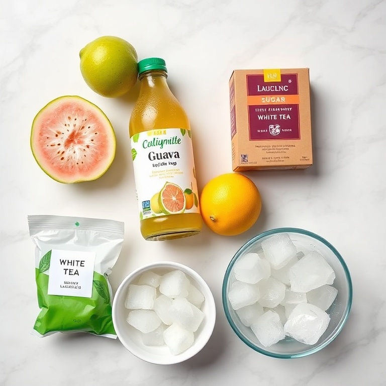 Ingredients for Guava White Tea Lemonade including guava juice, white tea, lemons, sugar, and ice
