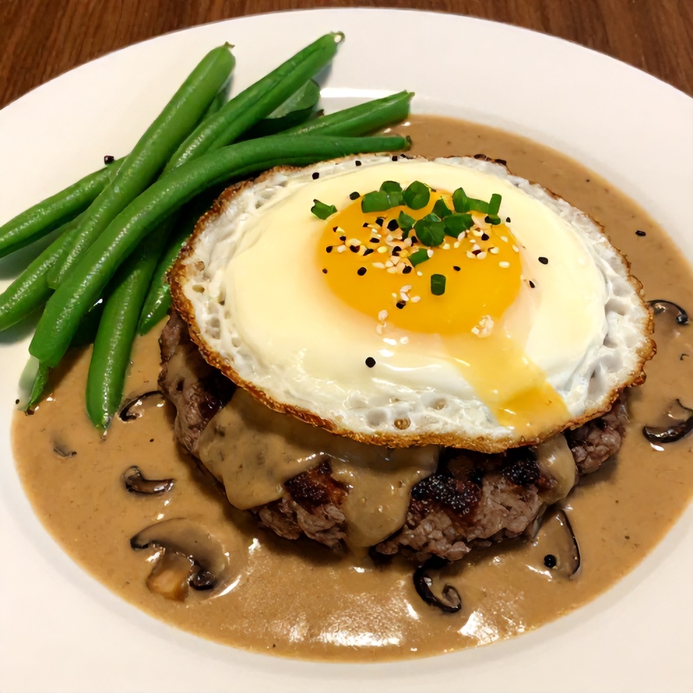 Plated Hawaiian Loco Moco with a side of steamed green beans