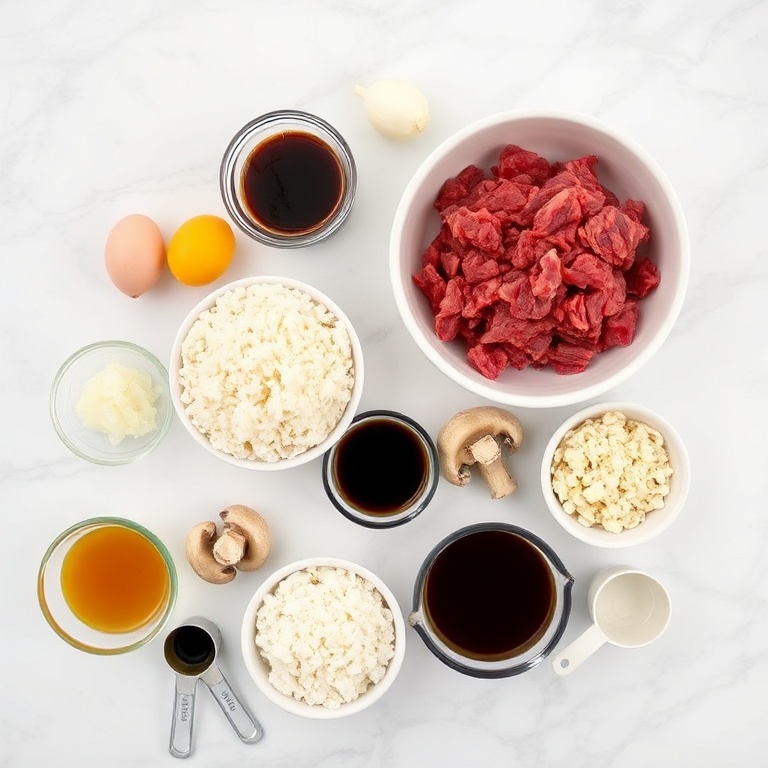 Raw ingredients for Hawaiian Loco Moco laid out on a marble surface