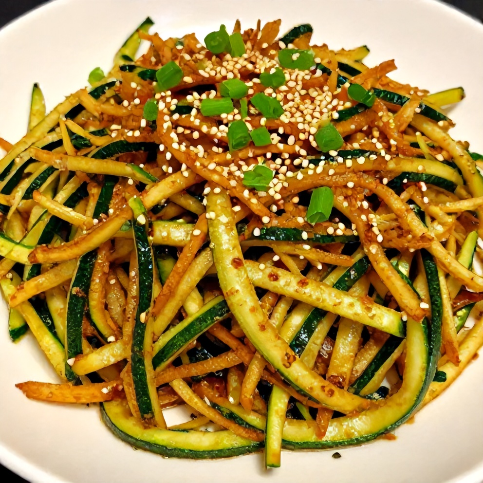 Hibachi zucchini stir fry on a plate with garnish