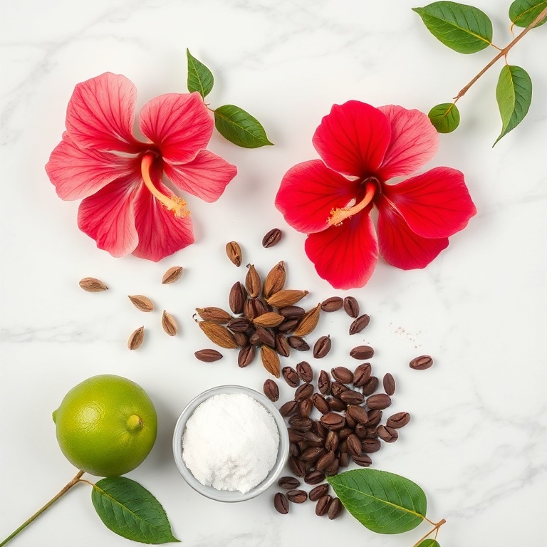 Hibiscus flowers, cardamom pods, coffee beans, sugar, and lime on a wooden surface