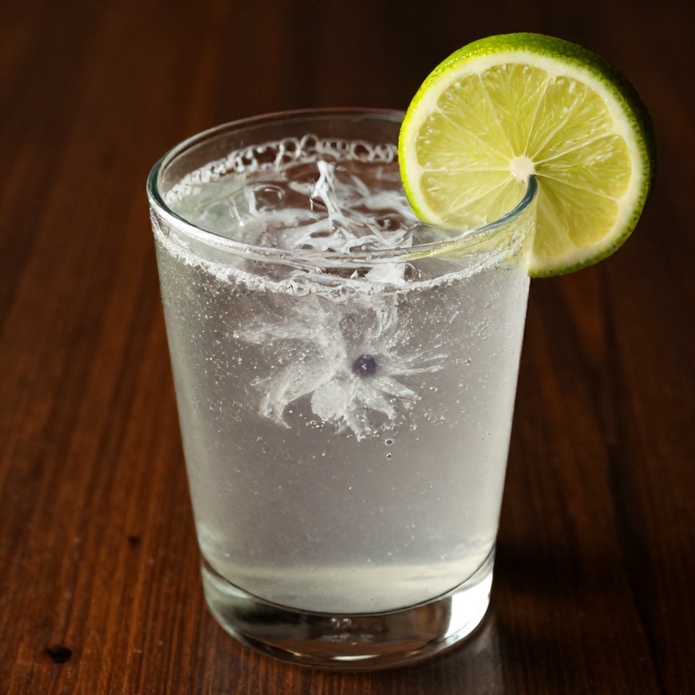 Glass of keto hibiscus lime sparkling water with lime wheel garnish