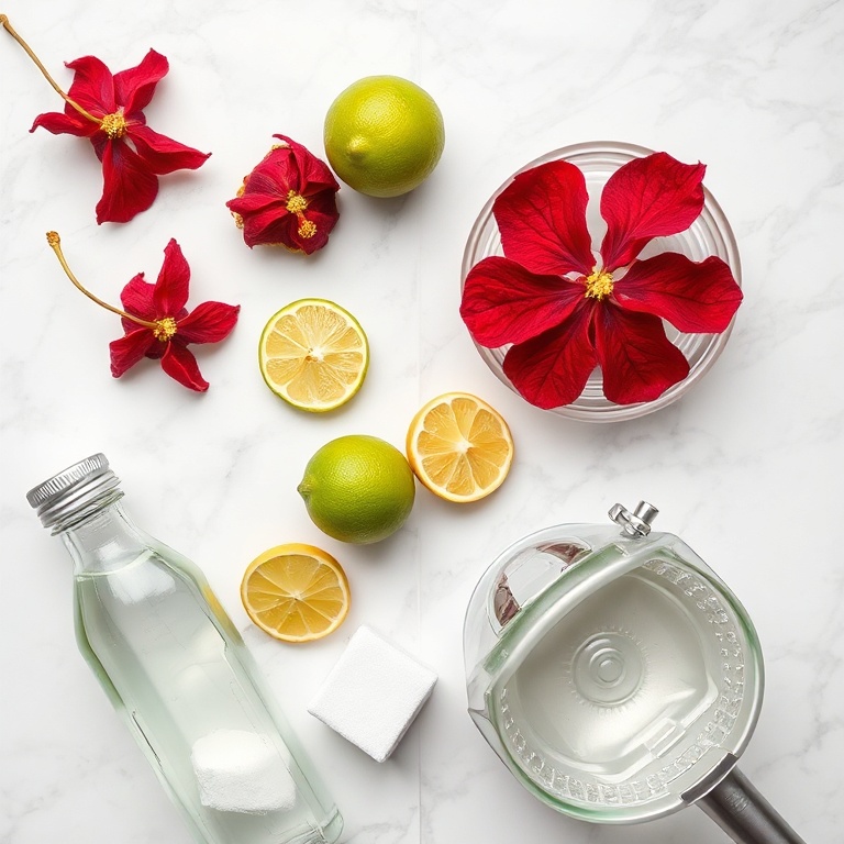 Hibiscus flowers, limes, and other ingredients for keto sparkling water