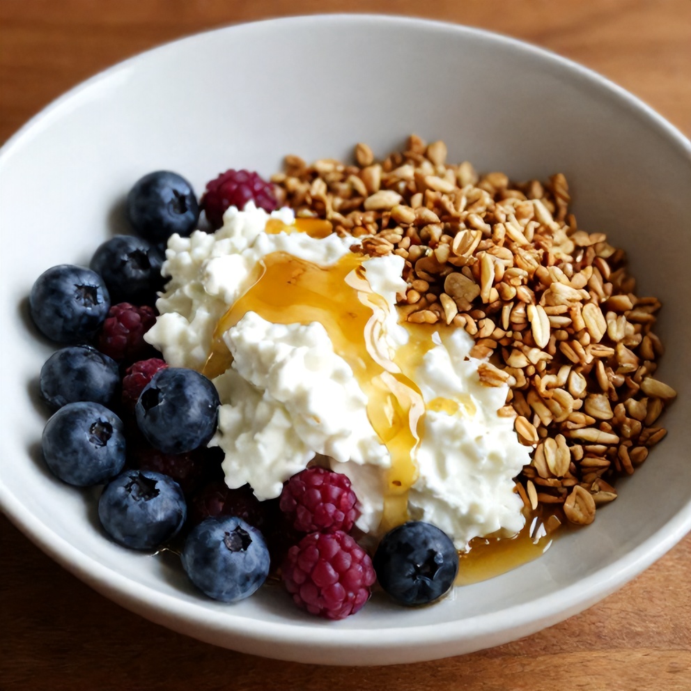 High protein berry cottage cheese bowl plated with a drizzle of honey and a sprinkle of granola