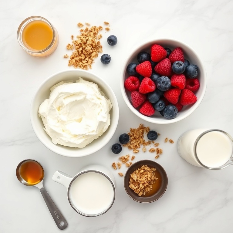 Raw ingredients for high protein berry cottage cheese bowl: cottage cheese, mixed berries, granola, honey, almond milk