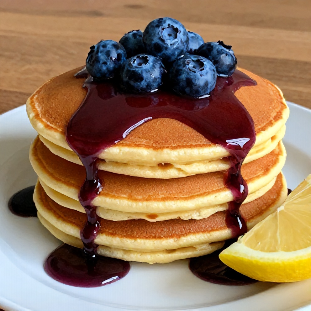 Blueberry syrup drizzled over pancakes
