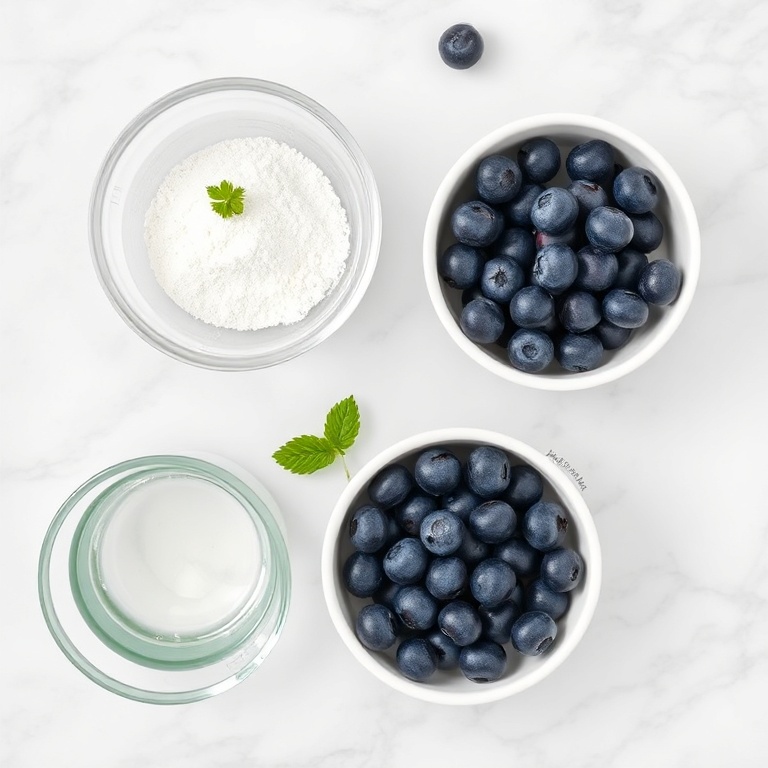 Blueberries, lemon, stevia, and water arranged on a marble surface