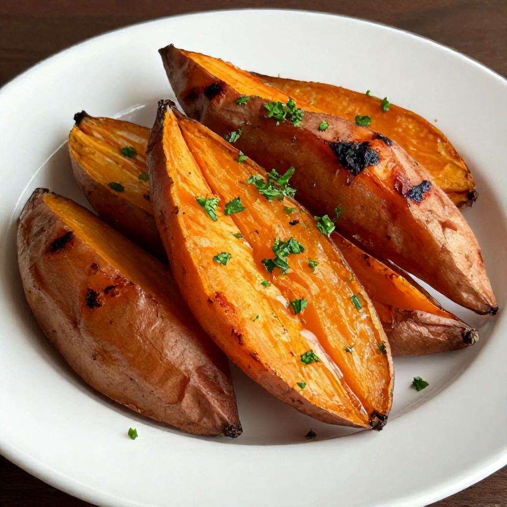 Plated serving of honey roasted sweet potatoes with a sprinkle of fresh parsley