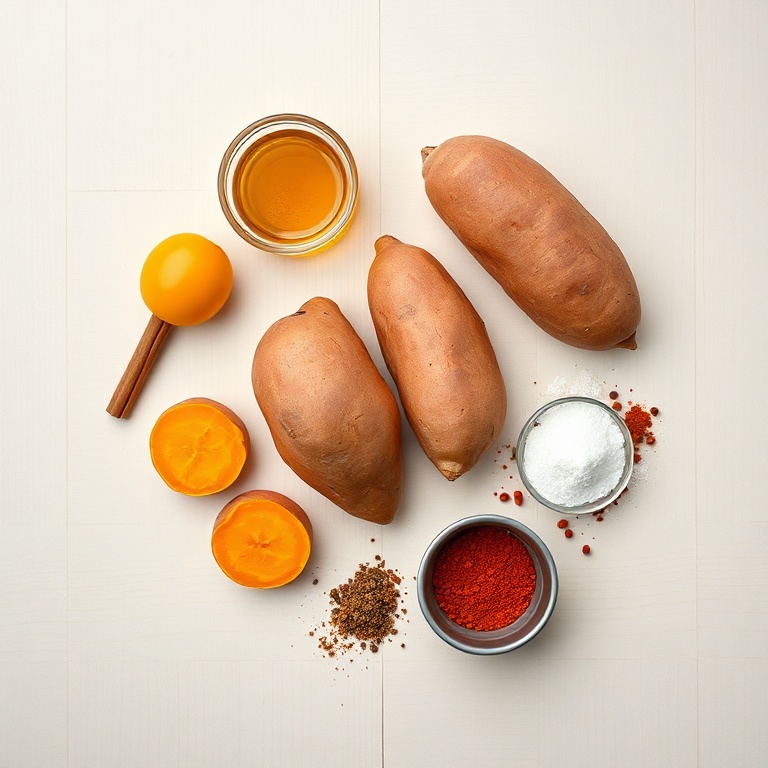 Arrangement of sweet potatoes, honey, olive oil, cinnamon, paprika, salt, and pepper on a wooden surface