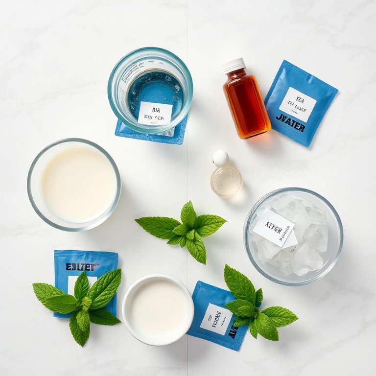 Ingredients for iced blue tea latte with vanilla cold foam