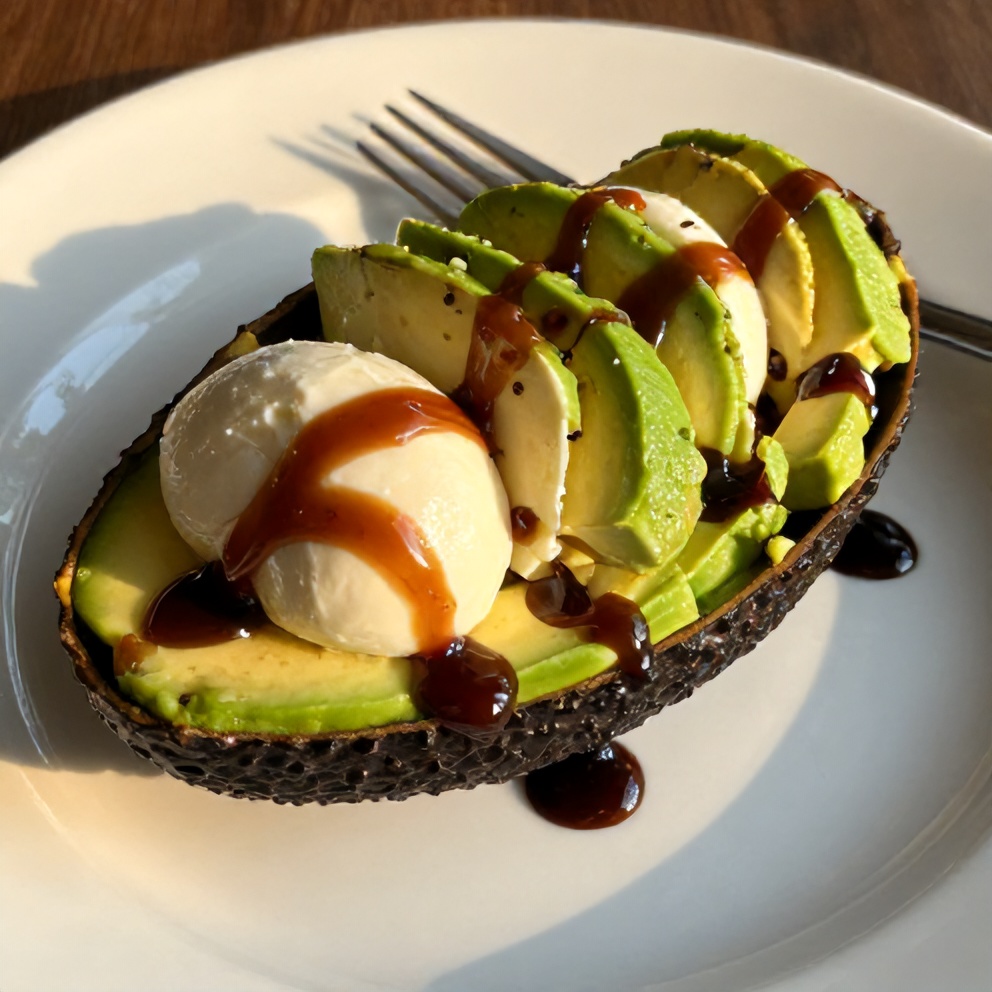 Plated Keto Caprese Stuffed Avocado Bites on a white plate