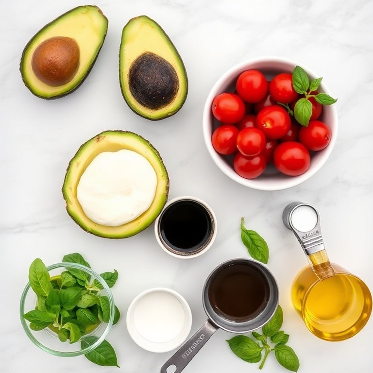 Raw ingredients for Keto Caprese Stuffed Avocado Bites on a white marble surface