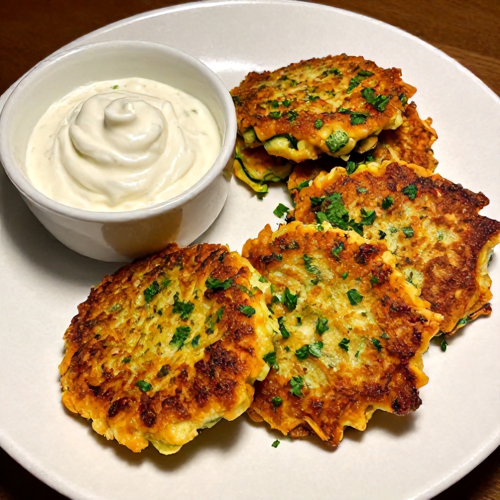 Plated Keto Zucchini Parmesan Fritters with Sour Cream Dip