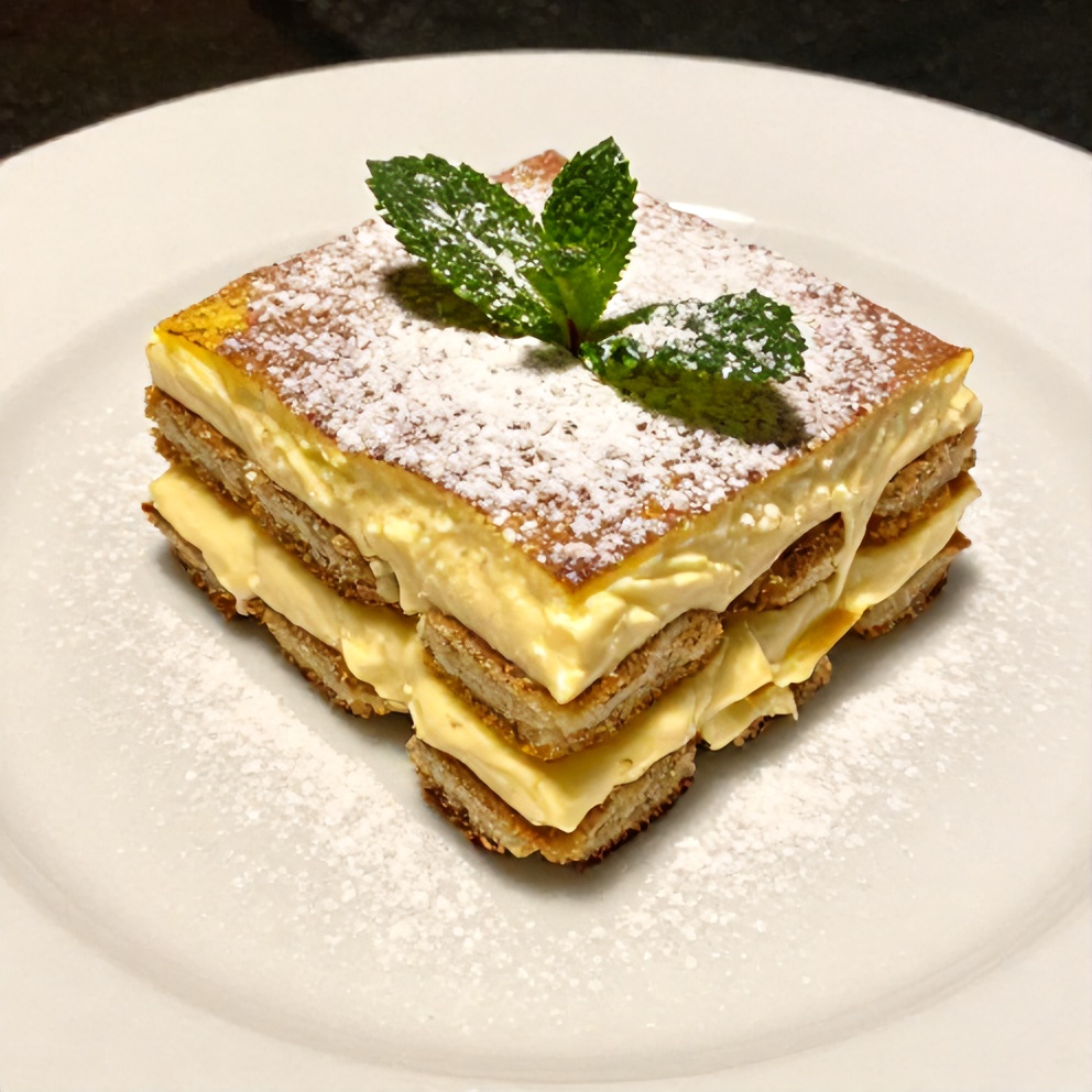 Plated Lemon Tiramisu with a dusting of powdered sugar and fresh mint