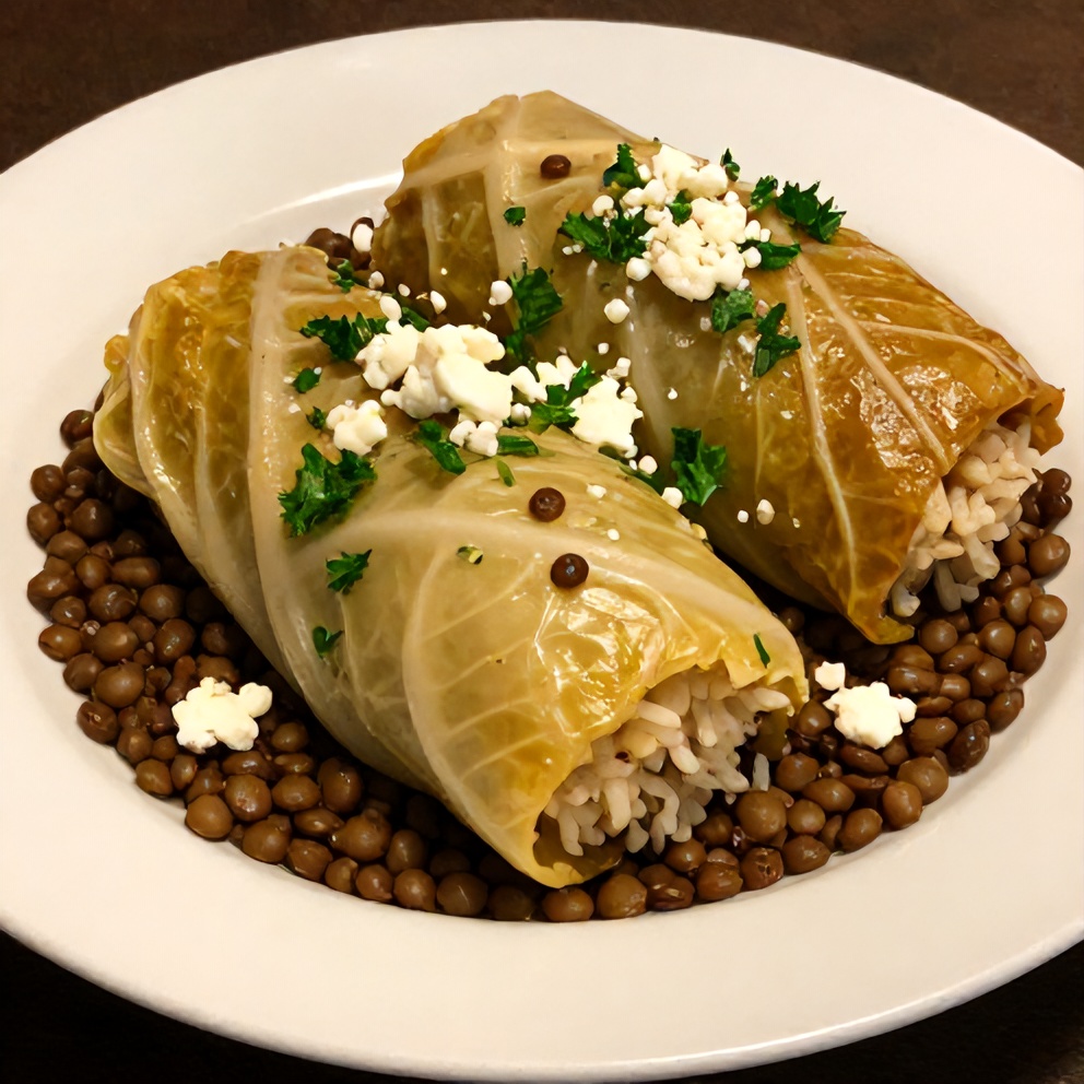 Plated lentil and rice stuffed cabbage rolls with a side of garlic bread
