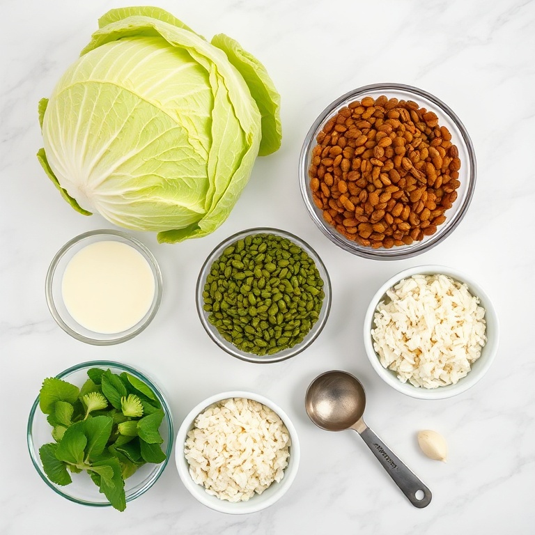 Ingredients for lentil and rice stuffed cabbage rolls on a marble surface