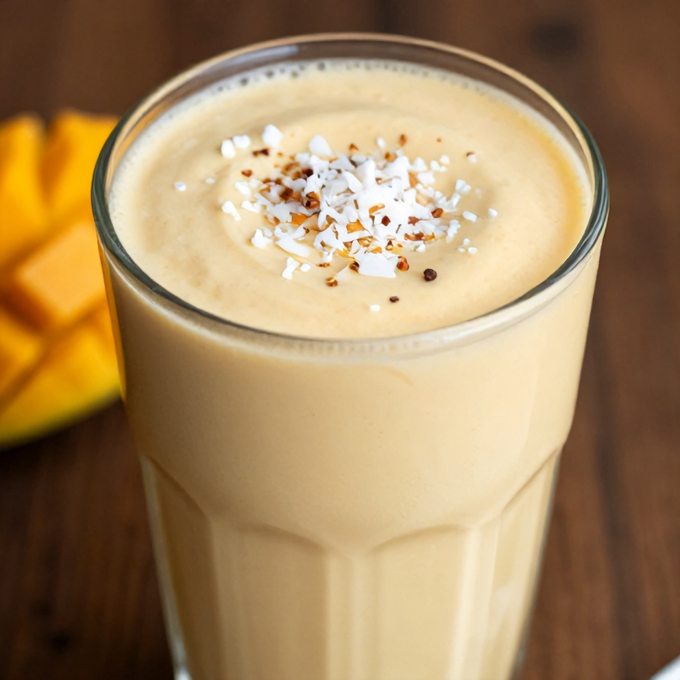 Mango Coconut Protein Shake with a sprinkle of coconut flakes