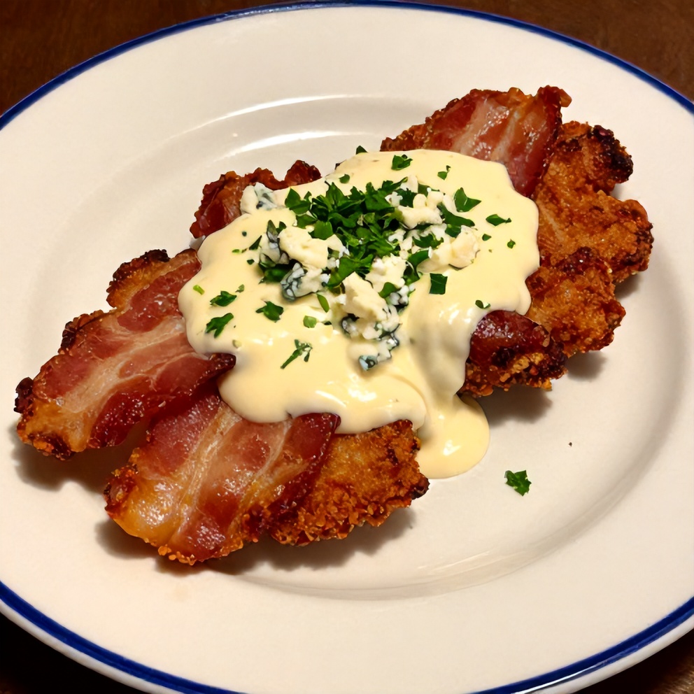 Plated serving of maple bacon pork chops with creamy dijon sauce