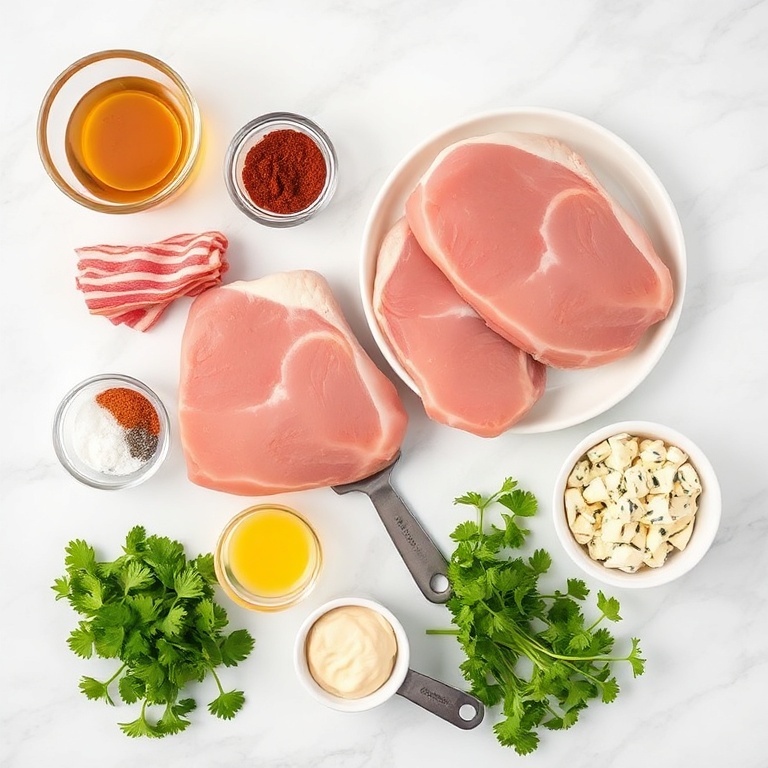 Raw ingredients for maple bacon pork chops with creamy dijon sauce