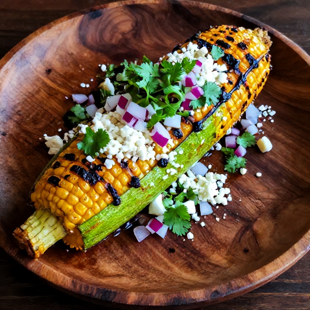 Plated Mexican street corn style grilled zucchini with cotija cheese and cilantro
