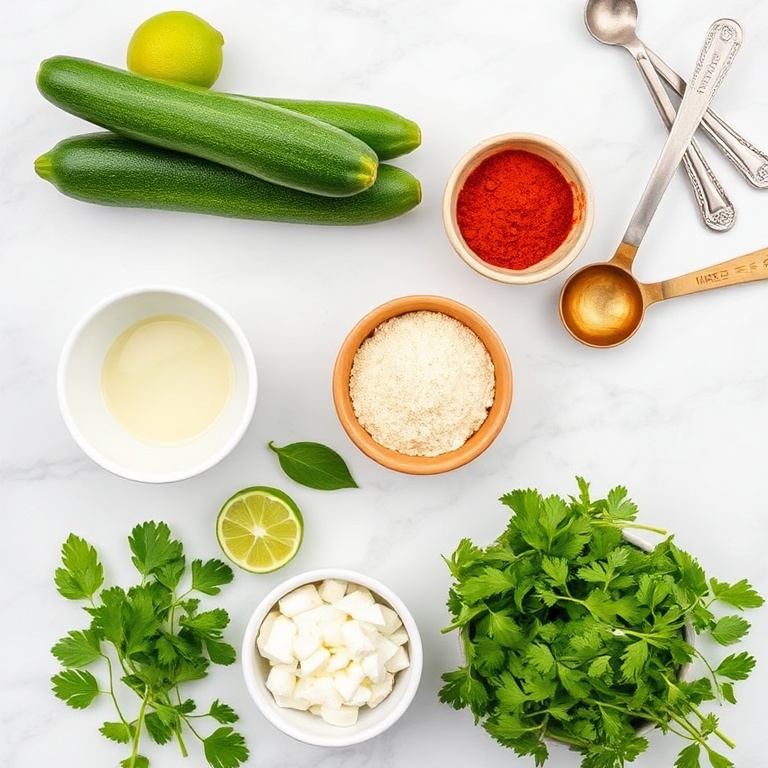 Raw zucchini, lime, chili powder, cotija cheese, cilantro, and other ingredients for Mexican street corn grilled zucchini