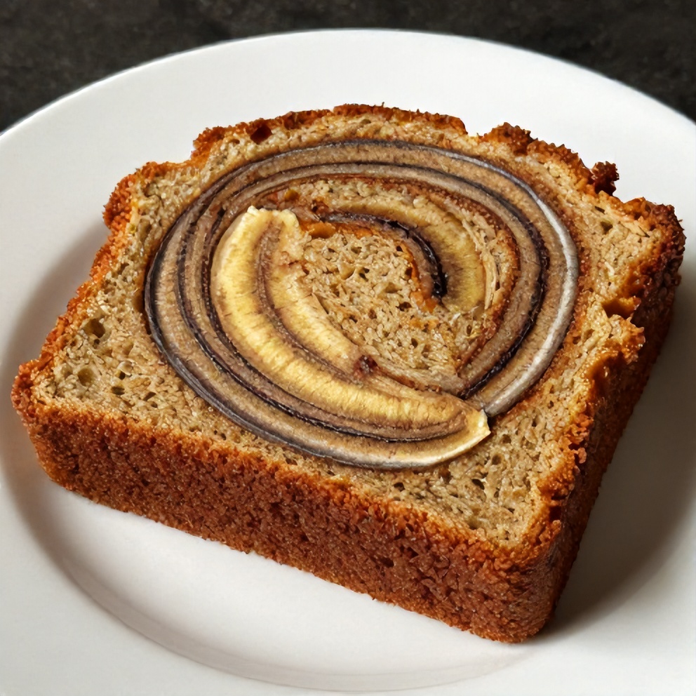 A slice of moist banana bread with a cinnamon swirl on a white plate