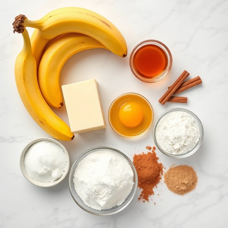 Banana bread ingredients including ripe bananas, flour, sugar, eggs, and cinnamon