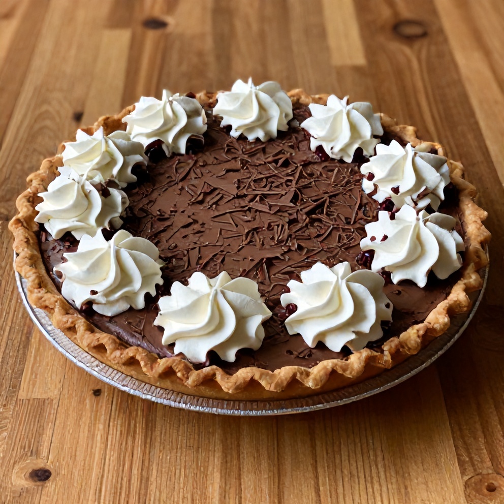 A whole no-bake chocolate cherry cream pie on a wooden table