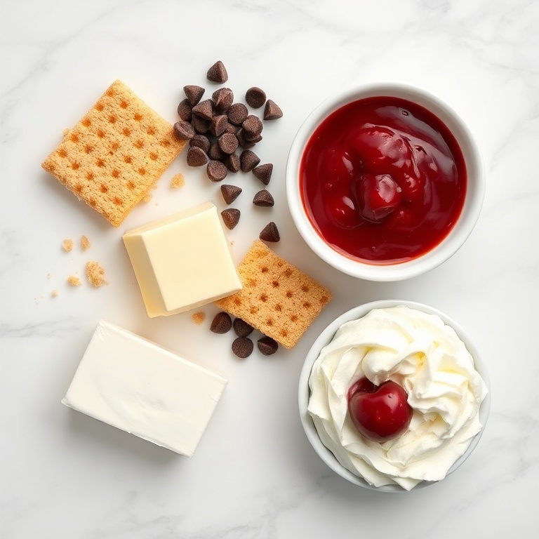 Graham cracker crumbs, butter, chocolate chips, sweetened condensed milk, cherry pie filling, whipped cream