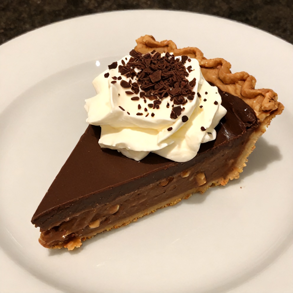 Sliced no-bake chocolate peanut butter pie on a plate