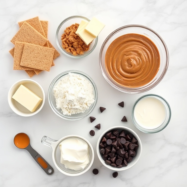 Ingredients for no-bake chocolate peanut butter pie: graham crackers, butter, peanut butter, powdered sugar, cream cheese, heavy cream, chocolate chips