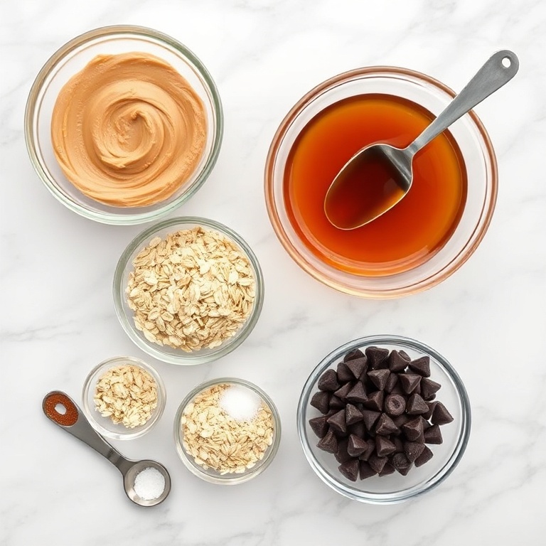 Raw ingredients for no-bake peanut butter oat bars on a marble surface