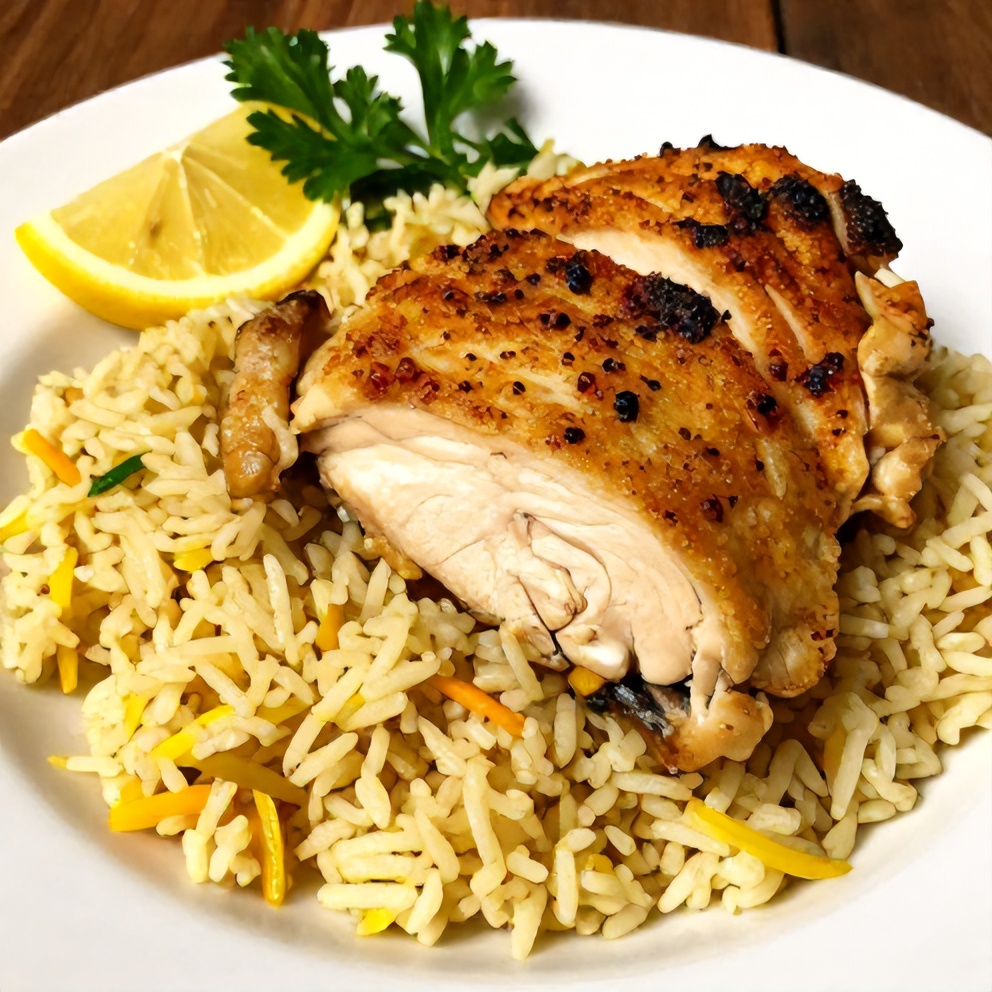 One-Pan Lemon Chicken and Rice Dinner Plated