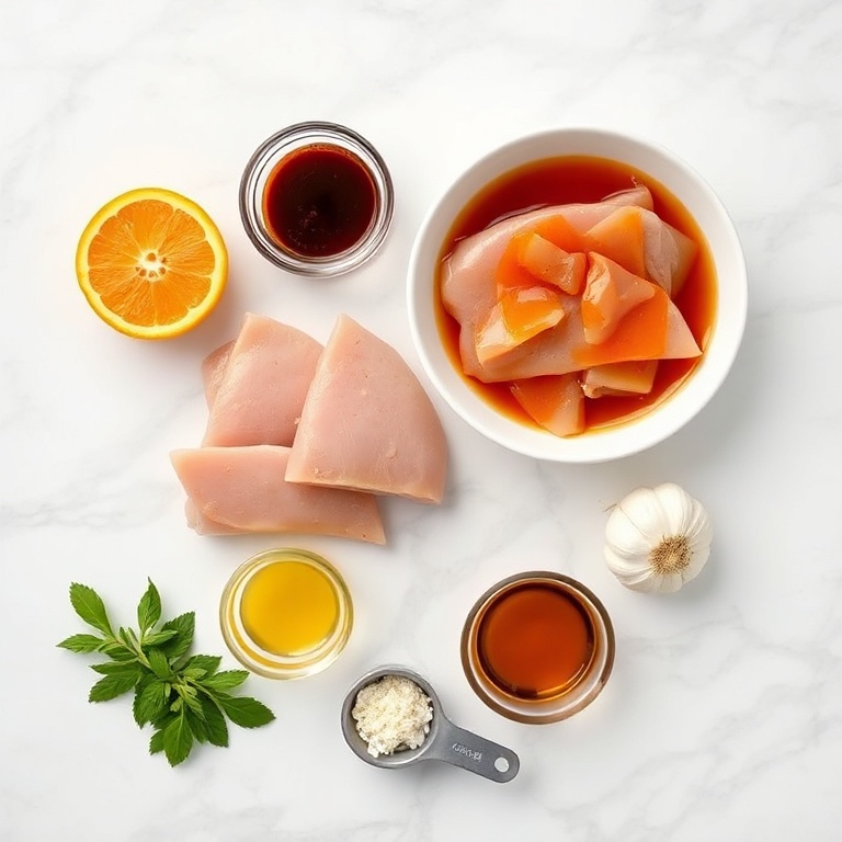 Raw ingredients for orange teriyaki turkey medallions