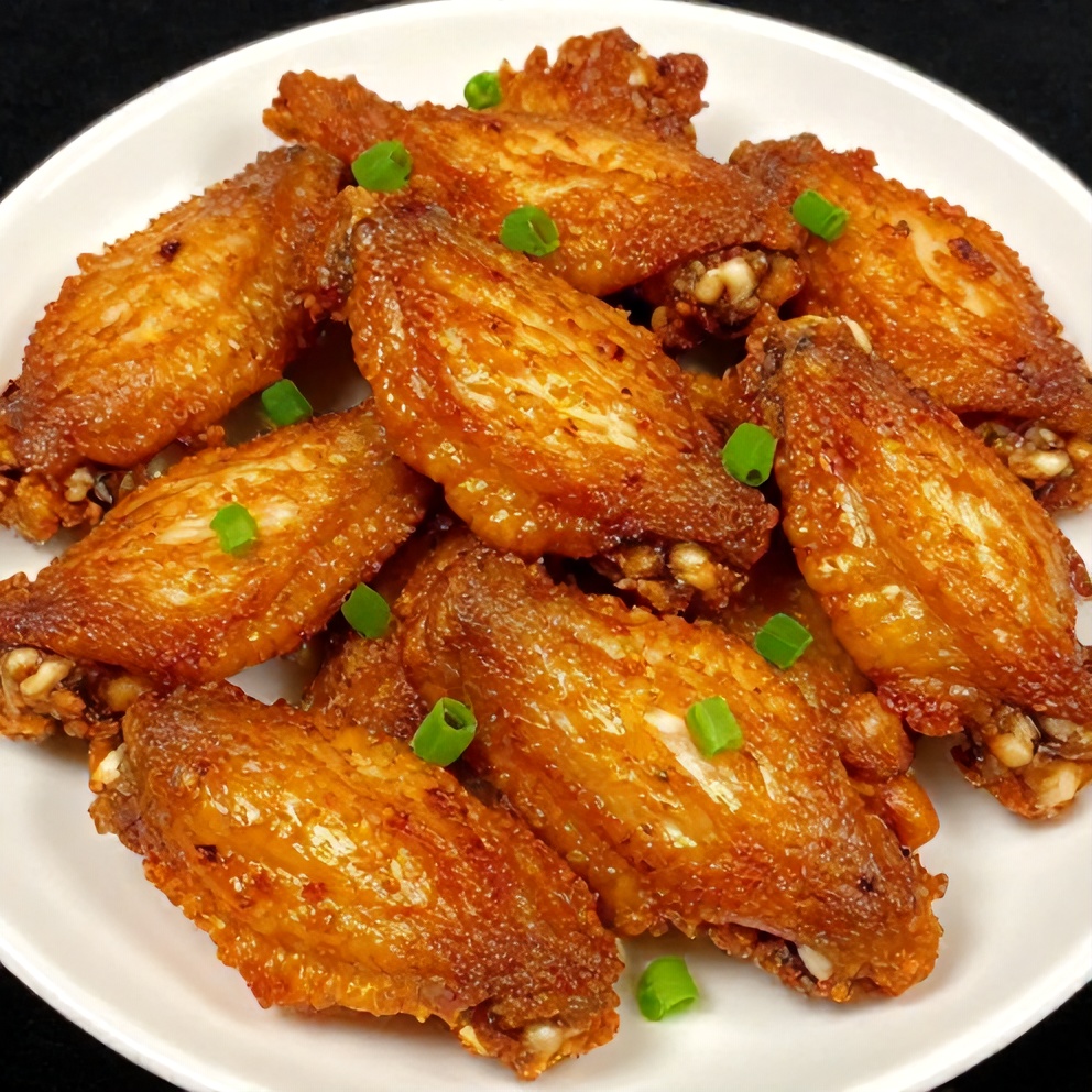 Plated crispy spicy oven baked chicken wings on a white plate