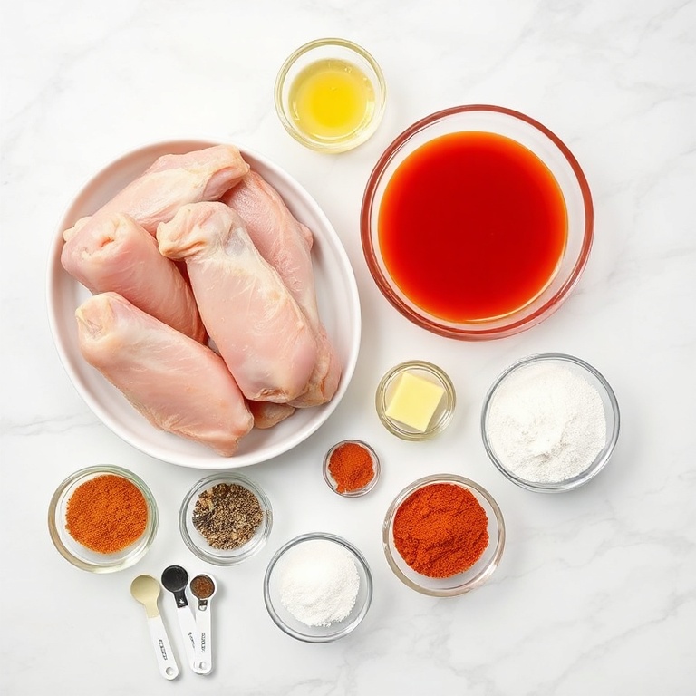Raw ingredients for oven baked chicken wings on a white marble surface