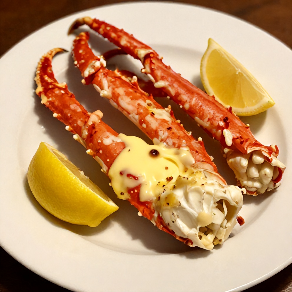 Plated oven baked snow crab legs with melted butter and lemon wedges