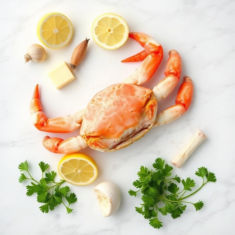 Raw snow crab legs, garlic, butter, lemon, and parsley on a cutting board
