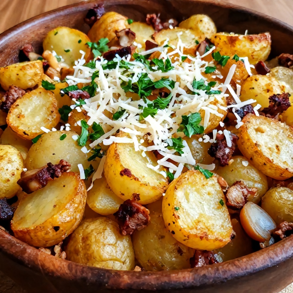 Finished Pancetta and Porcini Potato Gratin on a plate